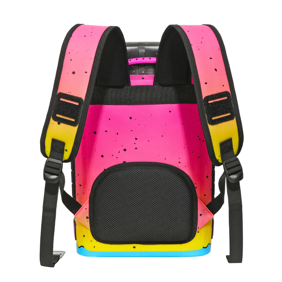 Vibrant pink and yellow backpack cooler designed to hold 15 cans, featuring adjustable straps and a sleek design.