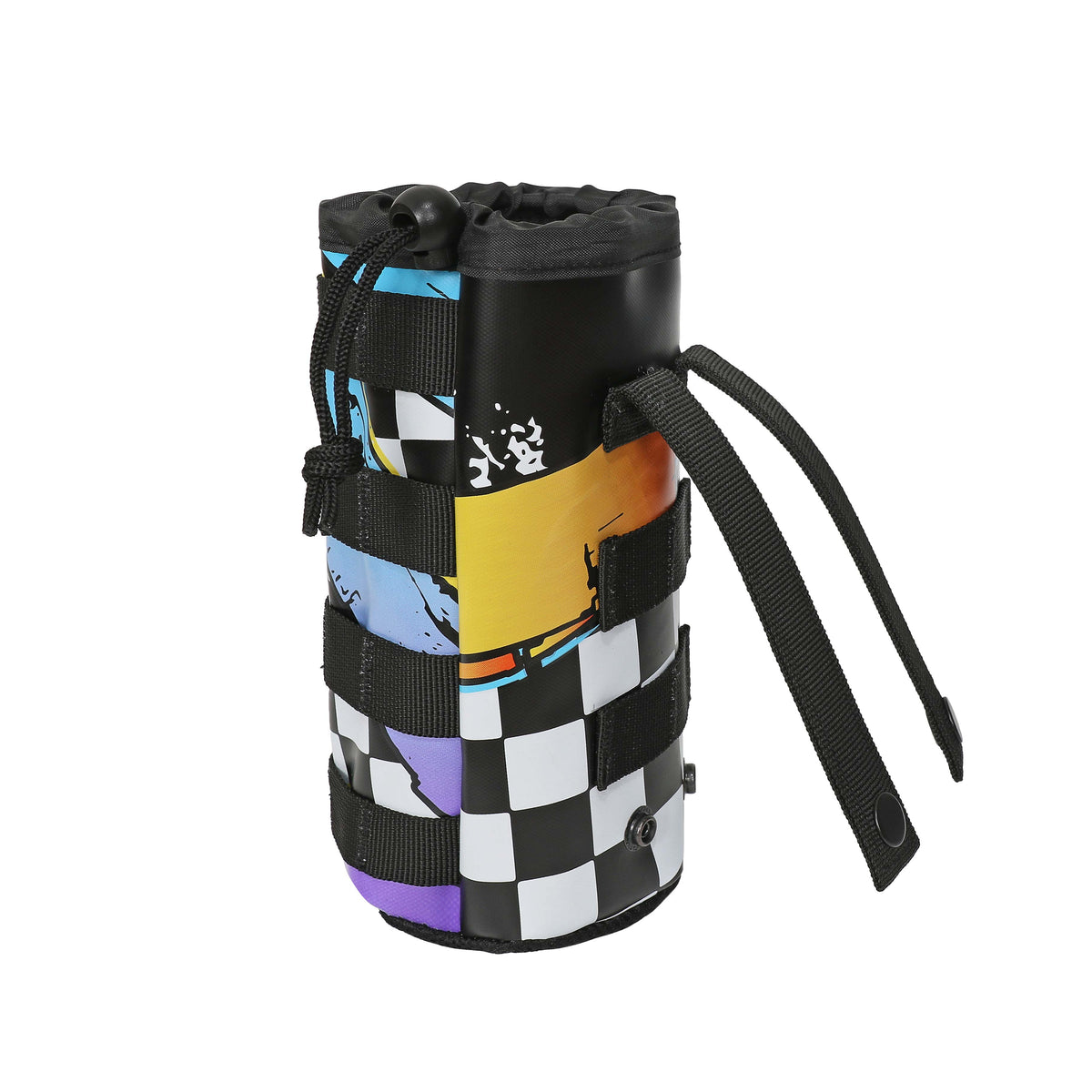 Colorful Fueler Drink Sleeve Attachment featuring a checkered pattern and adjustable straps for secure beverage storage.