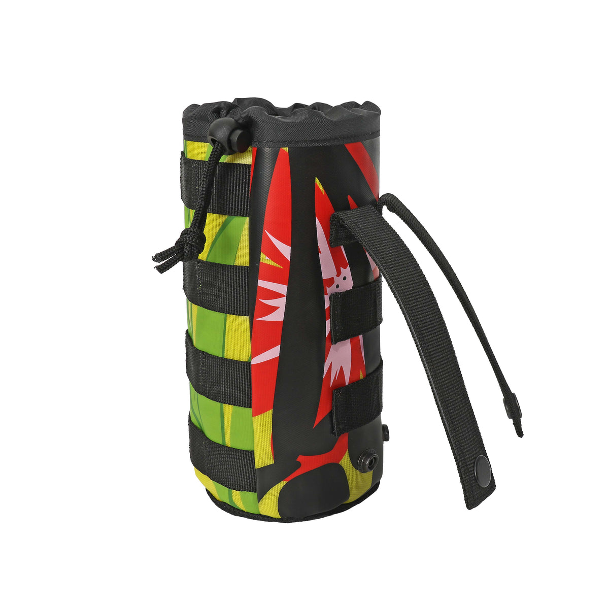 Colorful drink sleeve attachment with adjustable straps and a secure closure, designed for easy carrying and insulation.