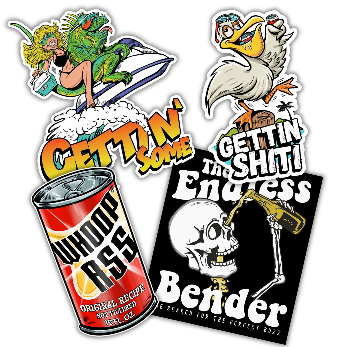 Colorful sticker pack featuring fun designs: a cartoon alien, a bird, a can, and a skeleton with playful text.