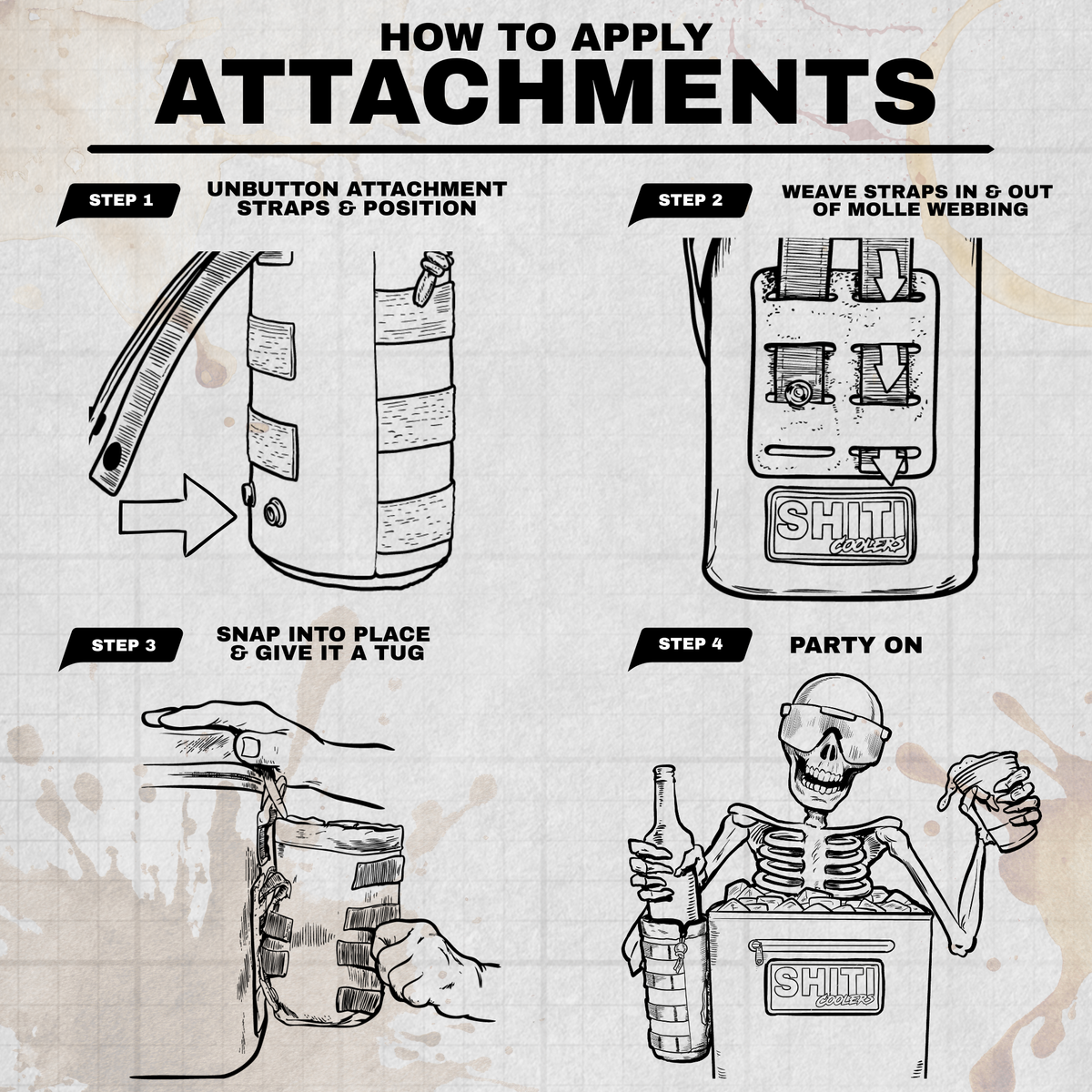 Instructions for applying The Buddy Attachment and Rollin' Tray, featuring step-by-step visuals for easy setup.