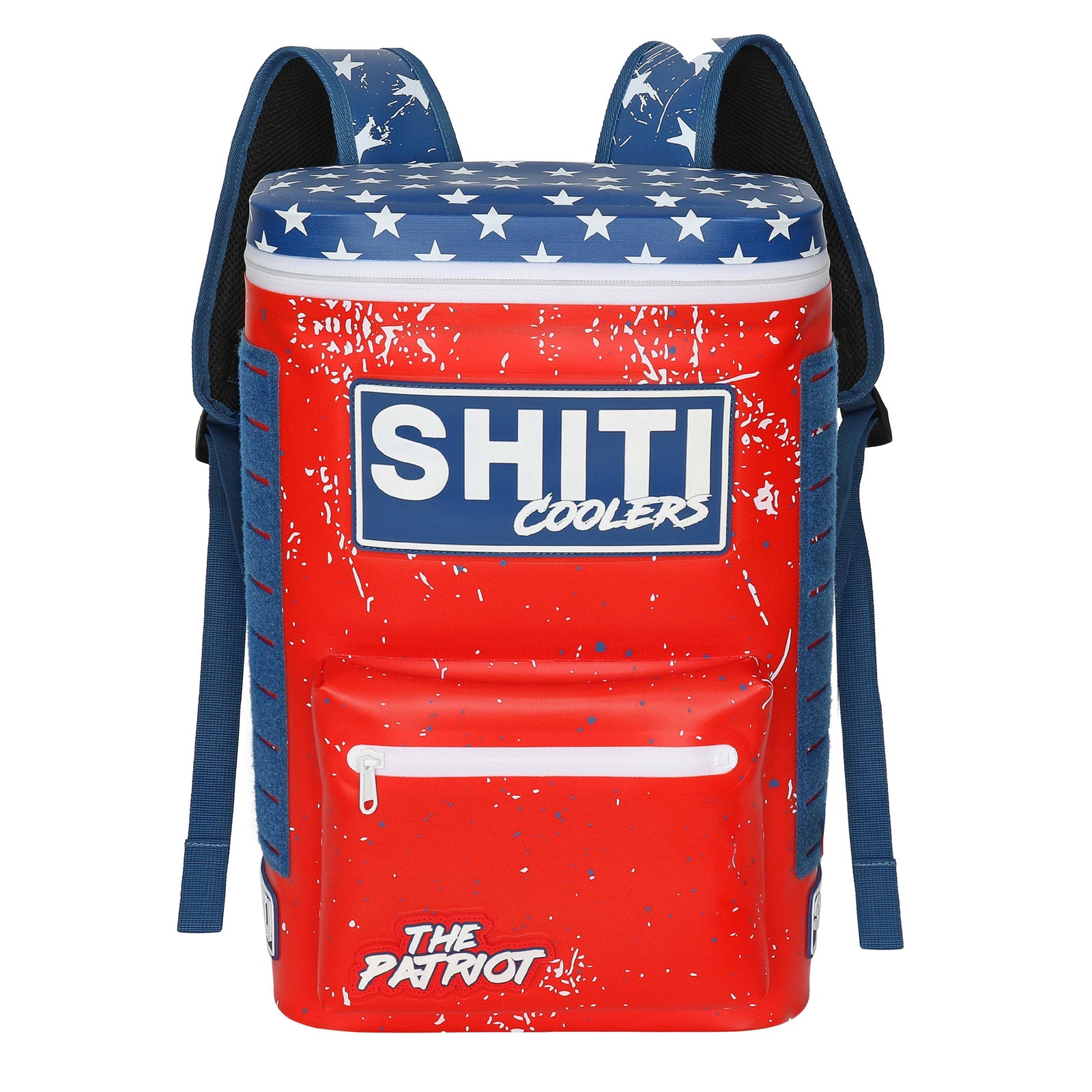 Red and blue Patriot Backpack Cooler with star-patterned lid, designed to hold 15 cans, featuring adjustable straps.