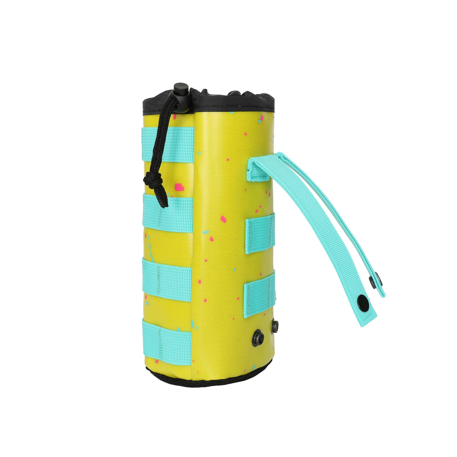 Bright yellow liquor basket drink sleeve attachment with turquoise straps and a secure drawstring closure.