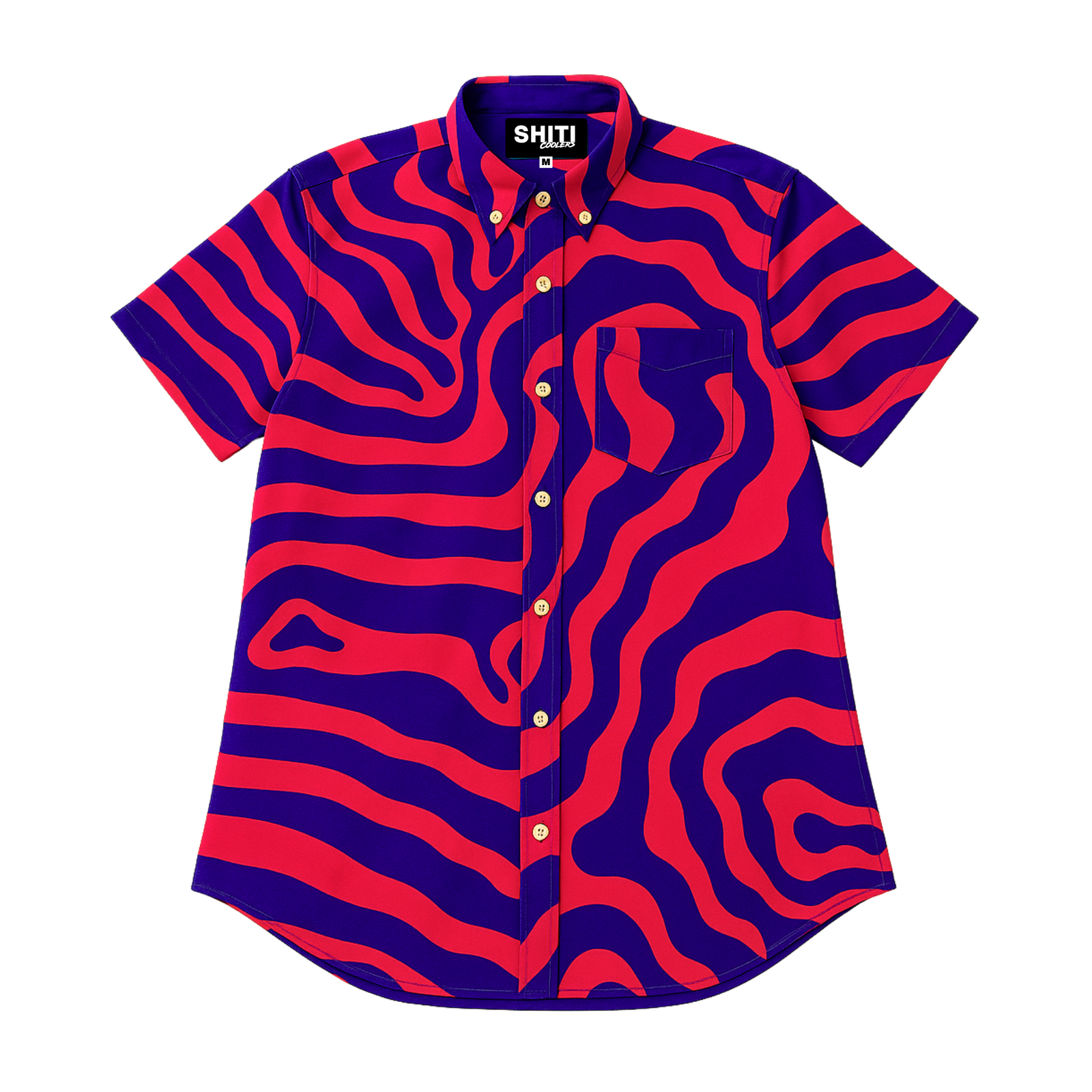 Vibrant Daytripper Party Shirt featuring bold red and purple wavy patterns, short sleeves, and a front pocket.