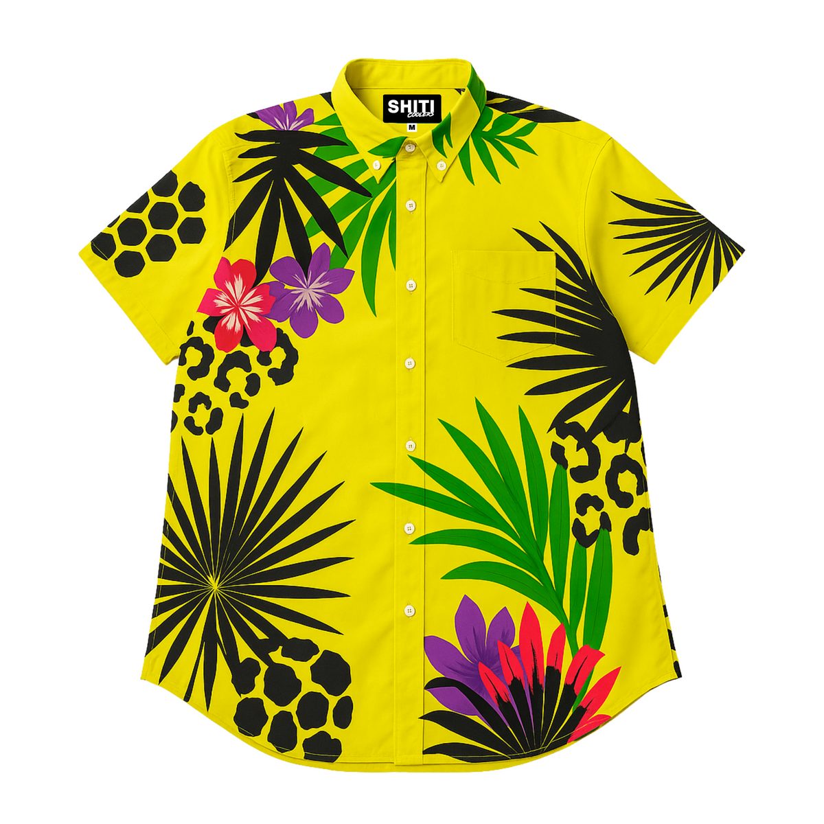 Bright yellow short-sleeve party shirt featuring vibrant tropical prints of flowers and leaves in various colors.