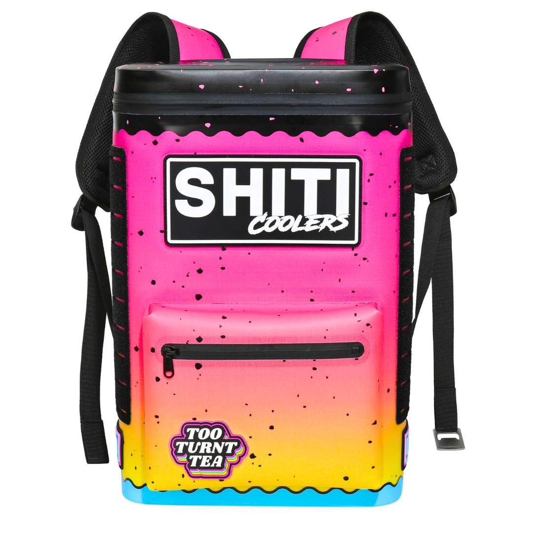 Vibrant pink and blue backpack cooler with "SHITI Coolers" logo and "Too Turnt Tea" design, holds 15 cans.