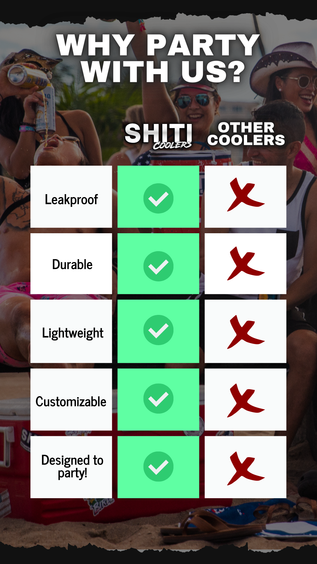 SHITI Coolers are leakproof, durable, lightweight, customizable, and designed to party!