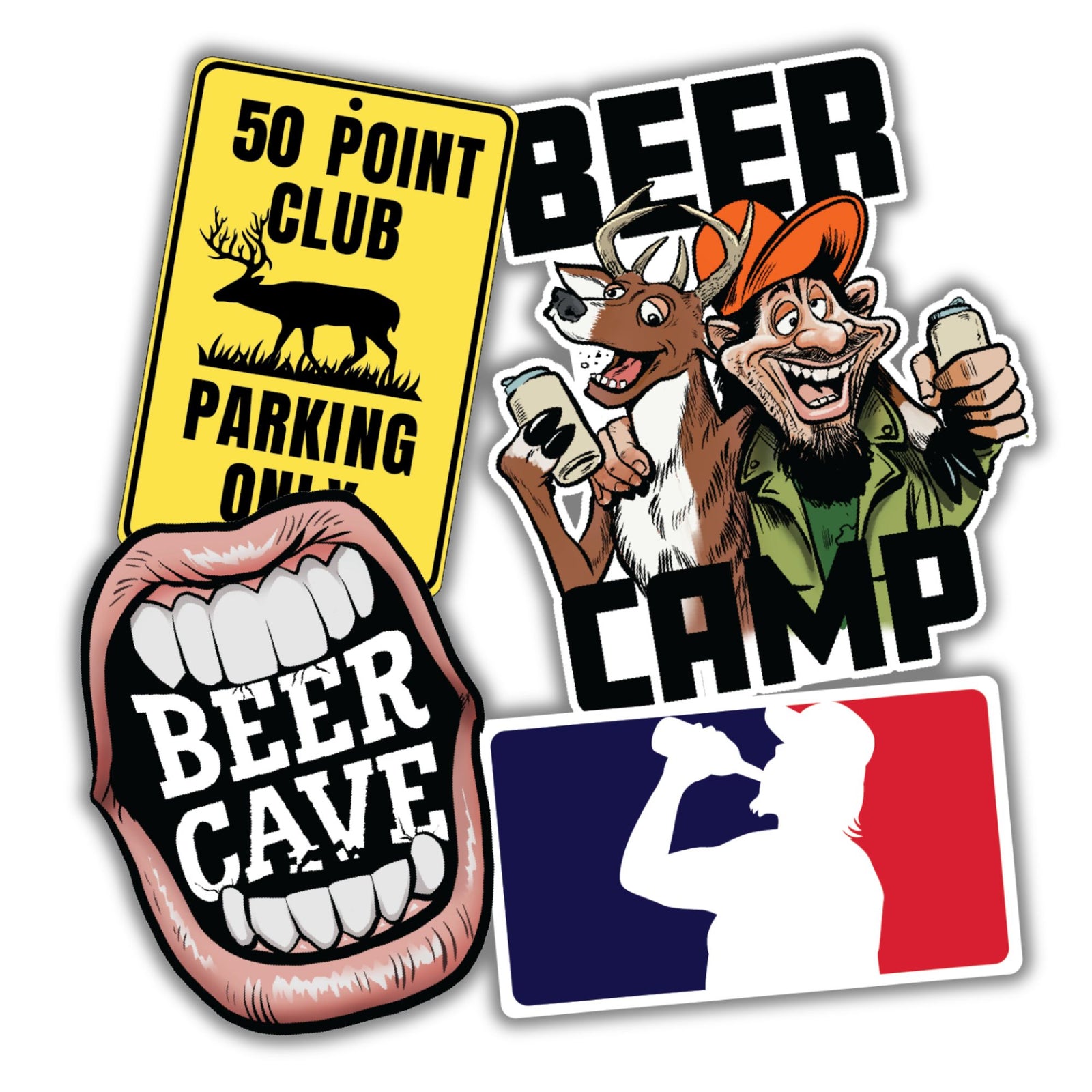 Colorful sticker pack featuring beer-themed designs, including a moose sign, a dog, a camper, and the phrase "Beer Cave.