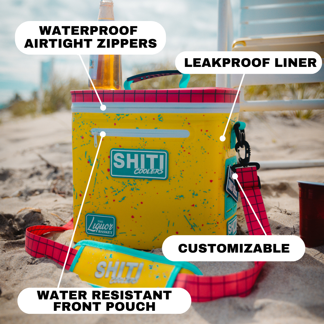 Bright yellow soft cooler designed for 12 cans, featuring waterproof zippers, a leakproof liner, and a customizable front pouch.