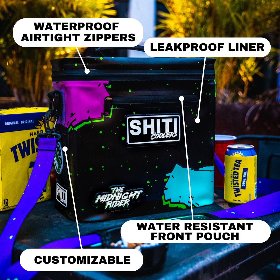 Midnight Rider Soft Cooler by SHITI Coolers features waterproof zippers, leakproof liner, and customizable design.