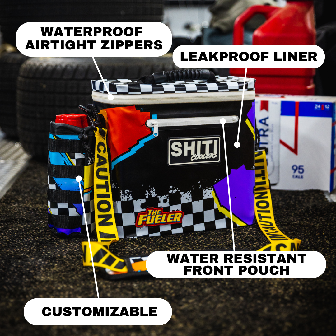 SHITI Coolers Fueler Soft Cooler with waterproof zippers, leakproof liner, and customizable design, ideal for 12 cans.