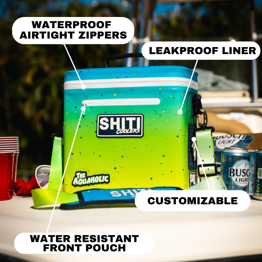 Aquaholic Soft Cooler in gradient colors features waterproof zippers, leakproof liner, and customizable front pouch.