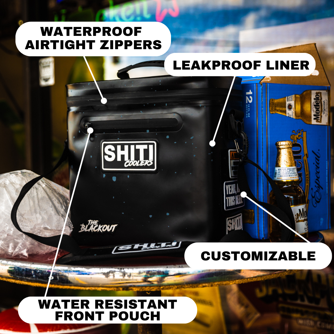 Blackout Soft Cooler with waterproof zippers, leakproof liner, customizable design, and water-resistant front pouch.