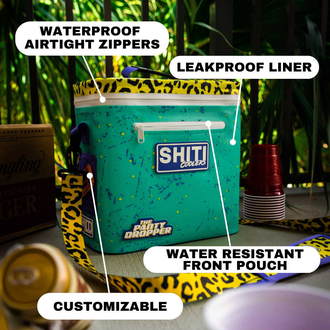 Panty Dropper Soft Cooler in vibrant teal with leopard print, featuring waterproof zippers and a leakproof liner.