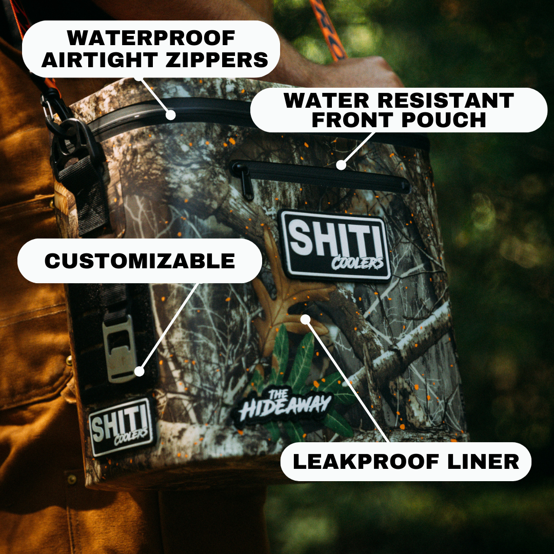 Realtree Soft Cooler holds 12 cans, featuring waterproof zippers, a leakproof liner, and a customizable design.