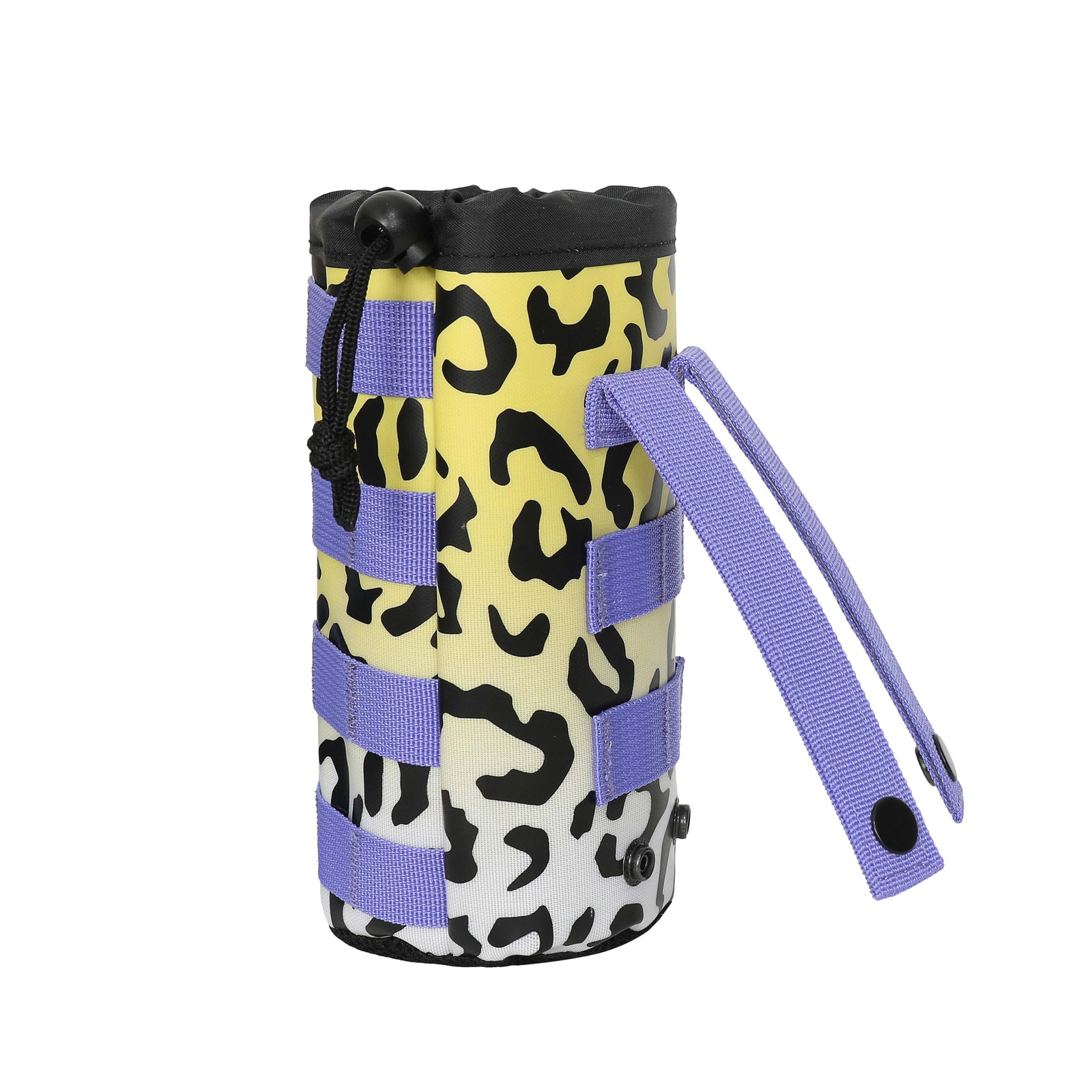 Vibrant leopard print drink sleeve attachment with adjustable strap, designed to keep beverages secure and stylish.