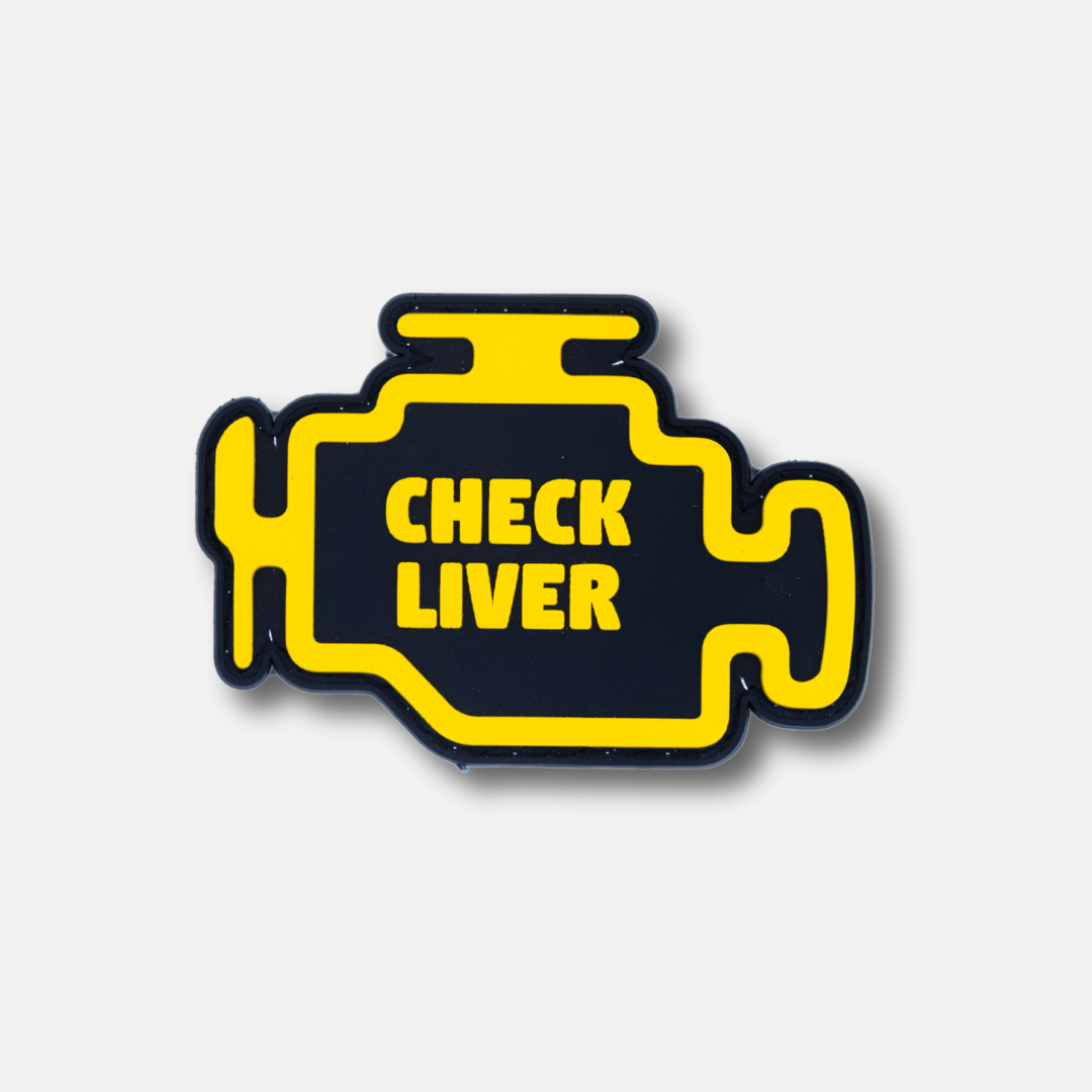 Check Liver Velcro patch featuring a yellow engine icon with the text "CHECK LIVER" in bold letters.