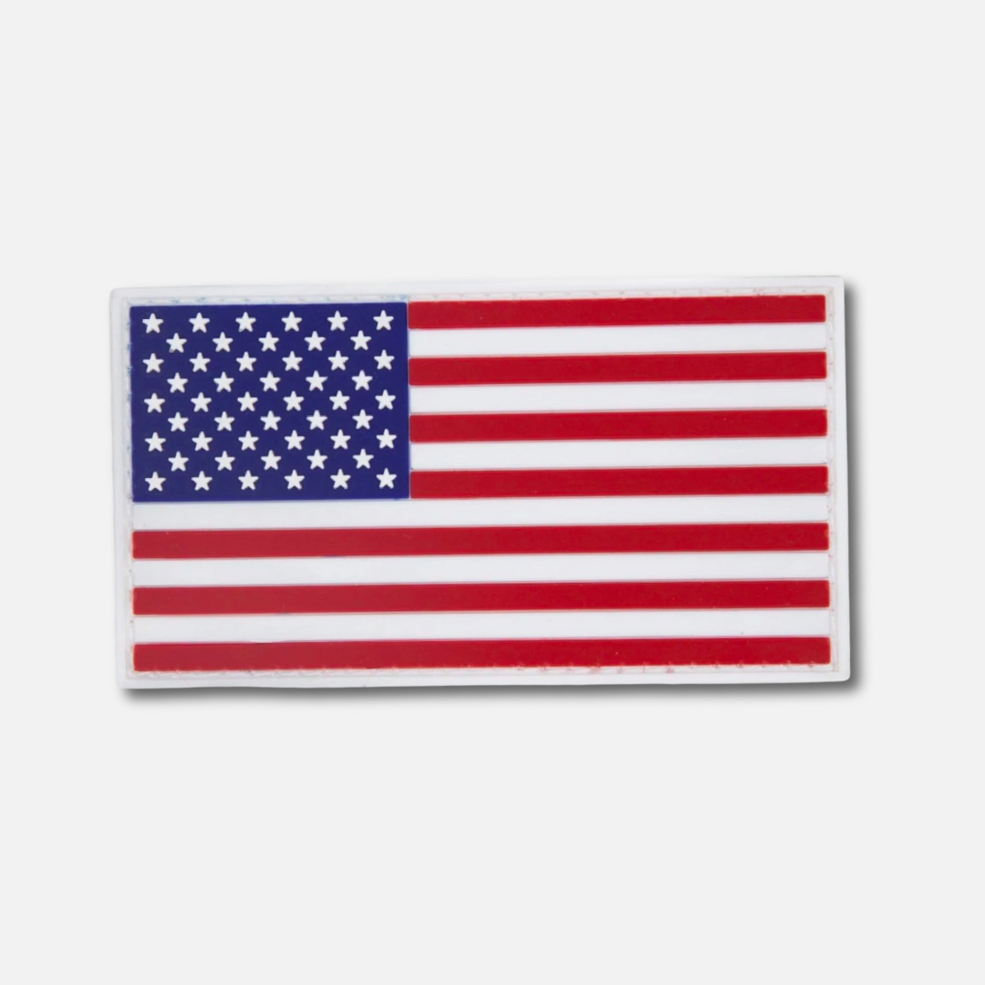 USA flag Velcro patch featuring red and white stripes with a blue field of white stars, perfect for customizing gear.