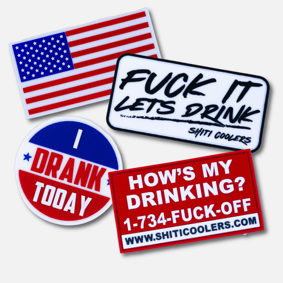 Four SHITI Velcro patches featuring a US flag, humorous drinking slogans, and bold graphics in various colors.