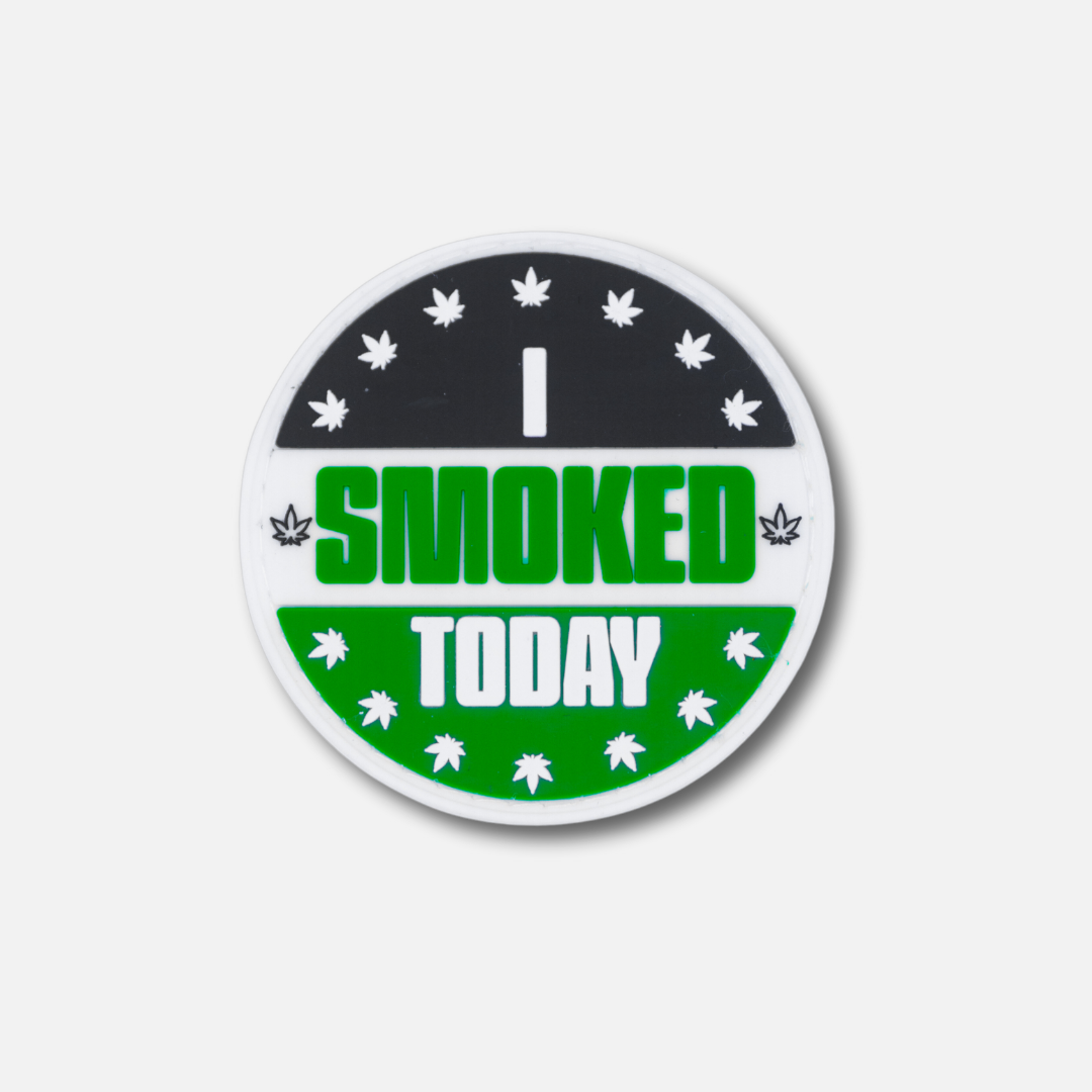 Round Velcro patch featuring the text &quot;I SMOKED TODAY&quot; in bold green letters with a black and green background and leaf designs.