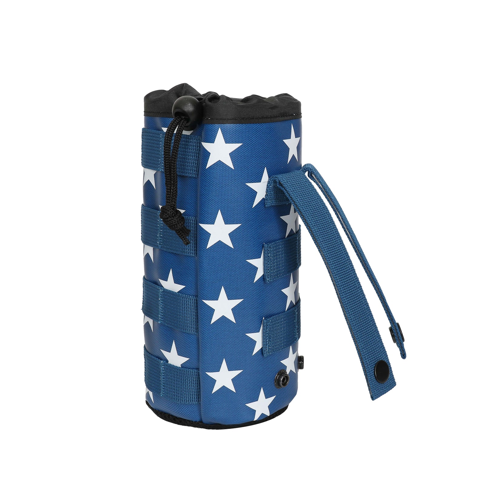 Blue drink sleeve attachment featuring a star pattern, designed for easy carrying and insulation of beverages.