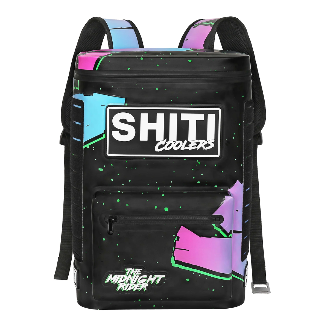 Midnight Rider Backpack Cooler in black with vibrant graphics, designed to hold 15 cans and features adjustable straps.