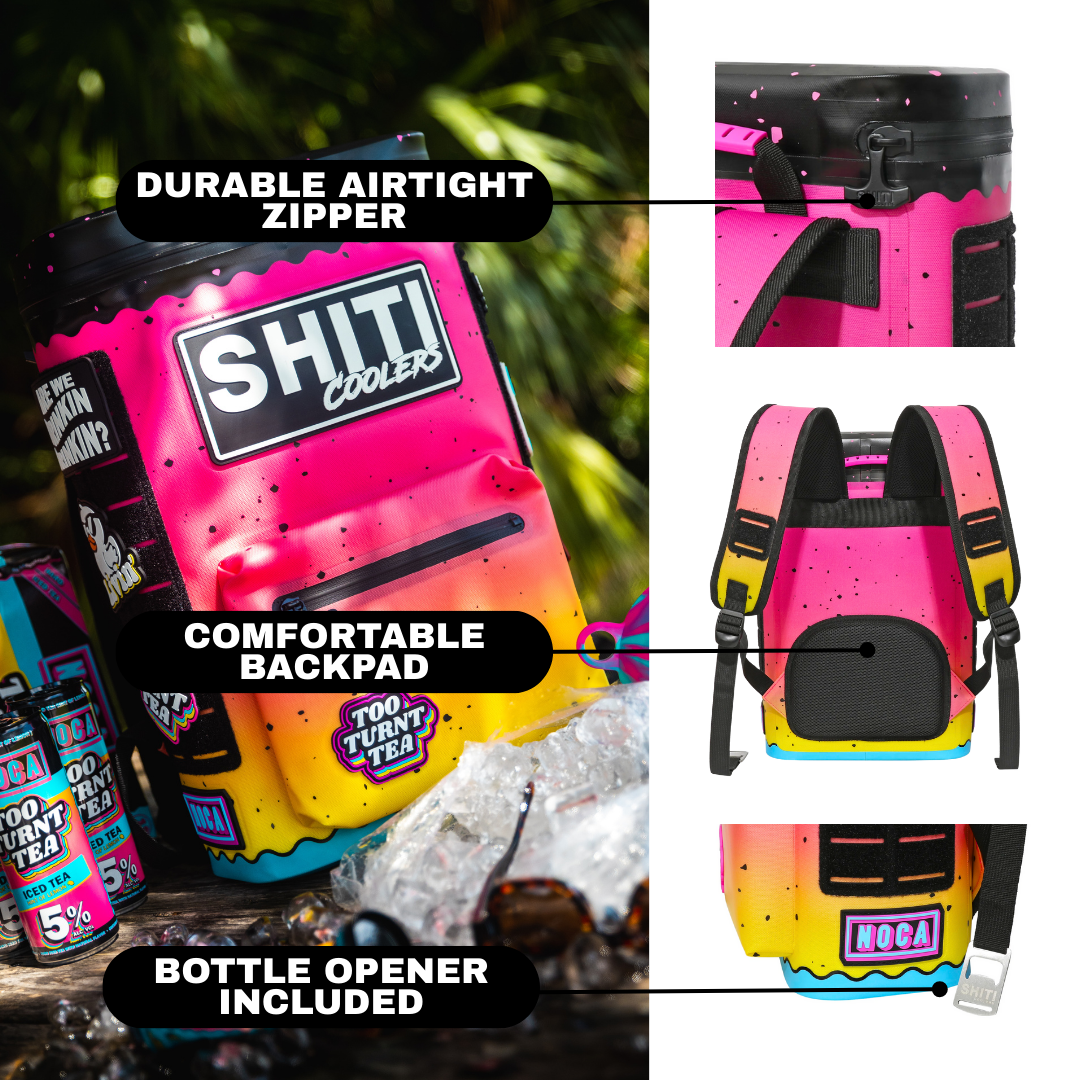 Colorful Too Turnt Tea Backpack Cooler with airtight zipper, comfortable straps, and included bottle opener, holds 15 cans.