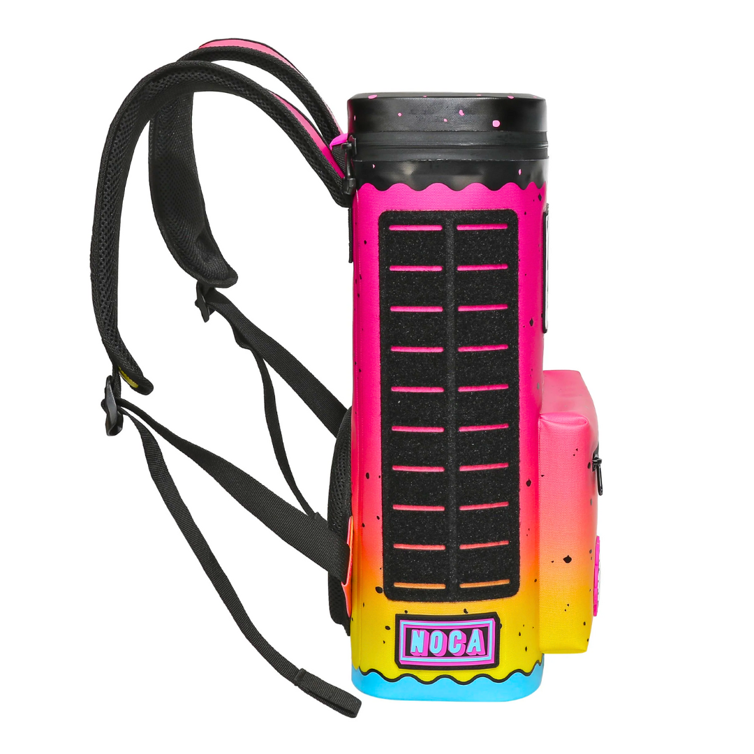 Vibrant Too Turnt Tea Backpack Cooler designed to hold 15 cans, featuring adjustable straps and a colorful gradient design.