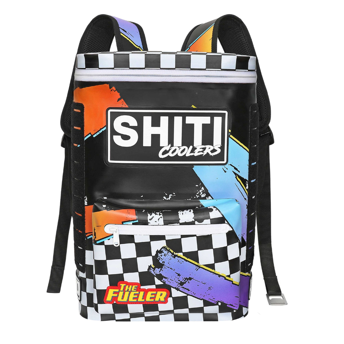 Fueler Backpack Cooler featuring a vibrant design with checkered patterns, ideal for carrying up to 15 cans.
