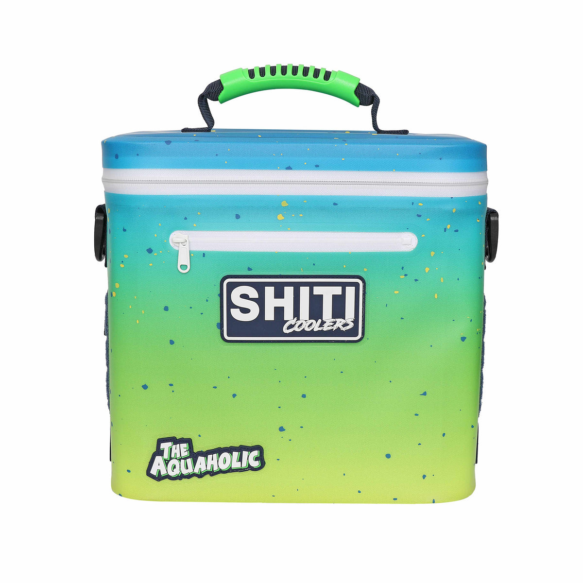 Aquaholic Soft Cooler in gradient blue and green, designed to hold 12 cans, featuring a zippered closure and sturdy handle.