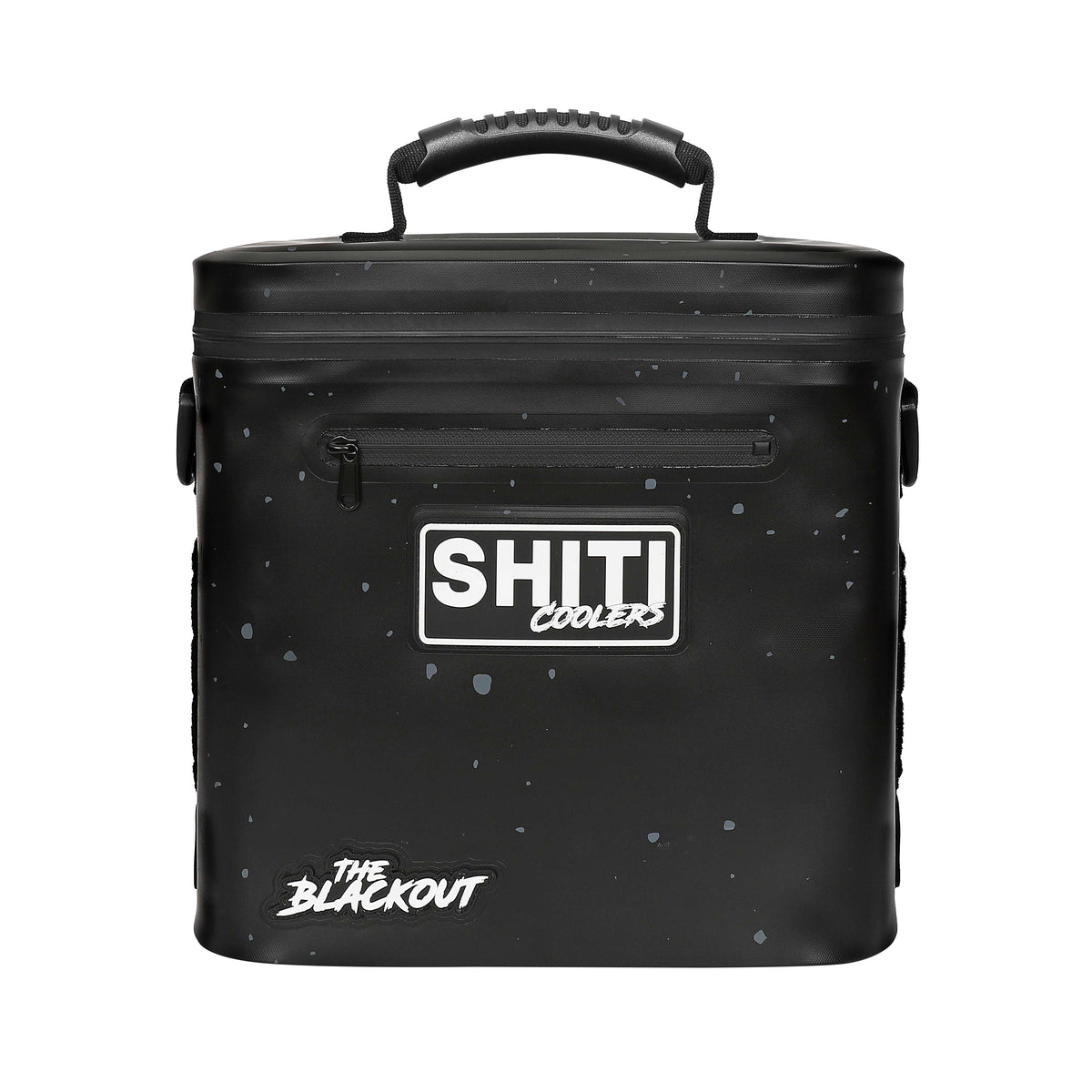 Blackout Soft Cooler in black with a speckled design, featuring a sturdy handle and zippered pocket for 12 cans.