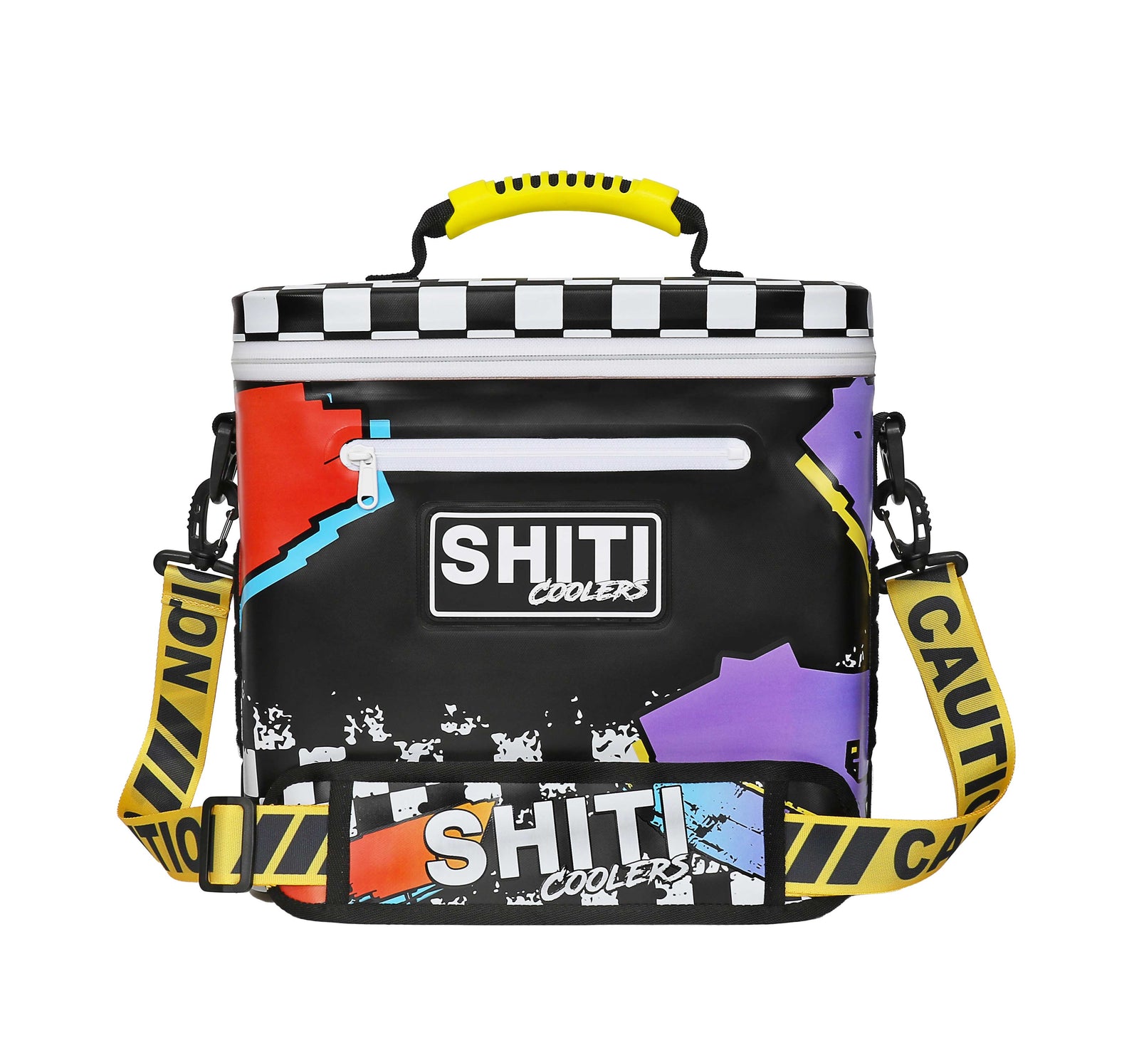 Stylish Fueler Soft Cooler by SHITI Coolers, designed to hold 12 cans, featuring a vibrant graphic design and sturdy handle.
