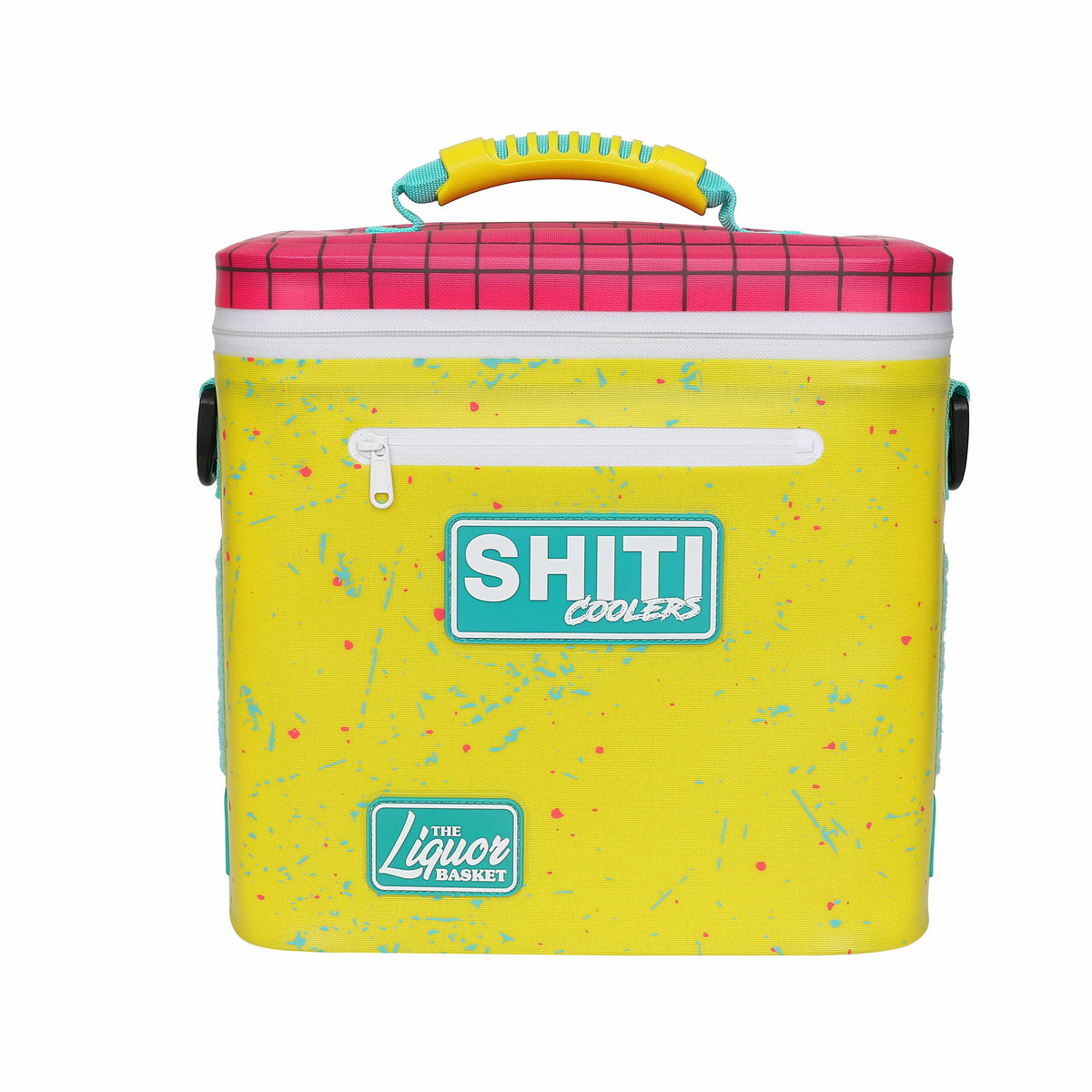 Bright yellow soft cooler with a pink checkered lid, featuring a white zipper and SHITI Coolers branding. Holds 12 cans.
