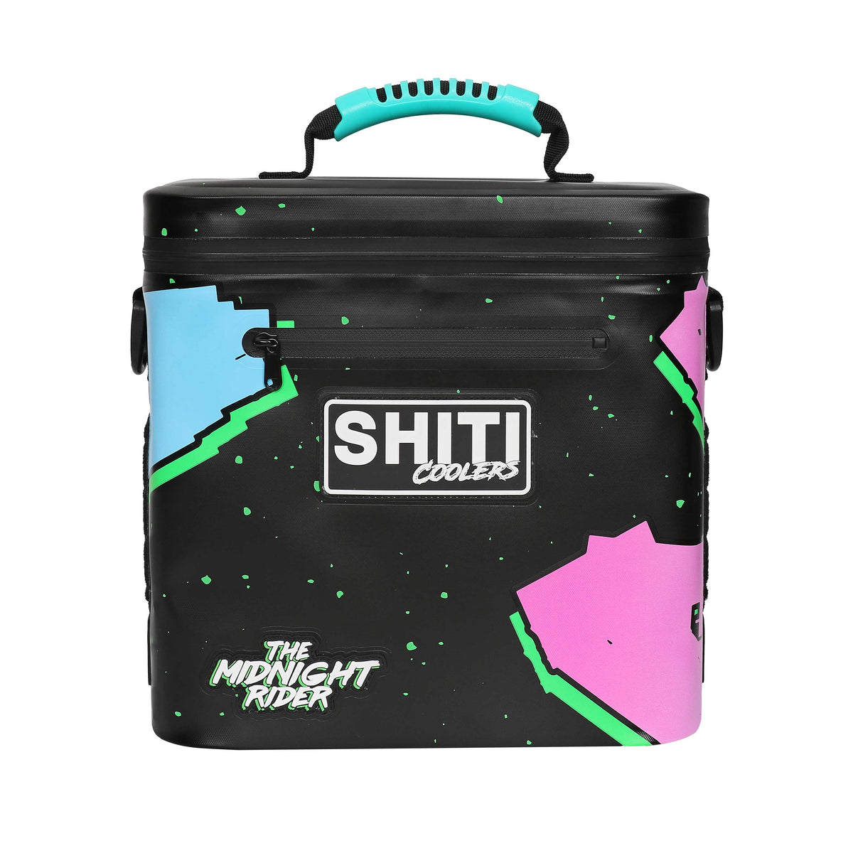 Midnight Rider Soft Cooler in black with vibrant geometric designs, holds 12 cans, featuring a sturdy handle for easy transport.
