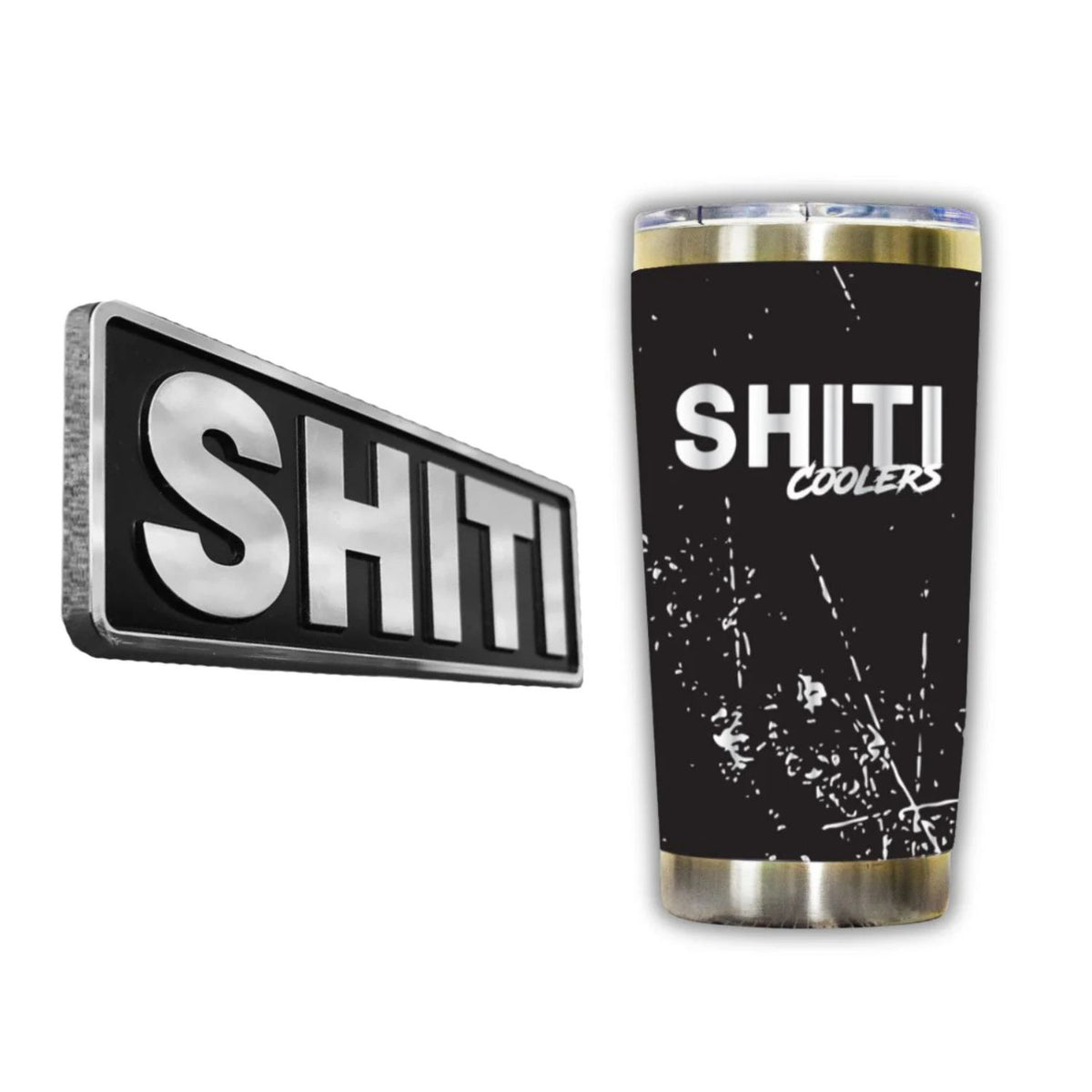 Brand Plate and Cup Bundle featuring a sleek metal logo and a stylish black insulated cup with a modern design.