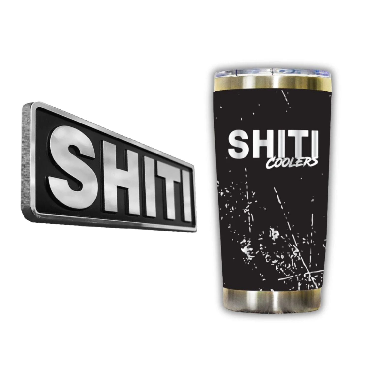 Brand Plate and Cup Bundle featuring a sleek metal logo and a stylish black insulated cup with a modern design.