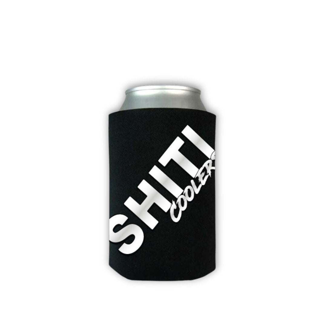 Black neoprene can cooler for 12oz cans featuring bold white text that reads &quot;SHITI Coolers.