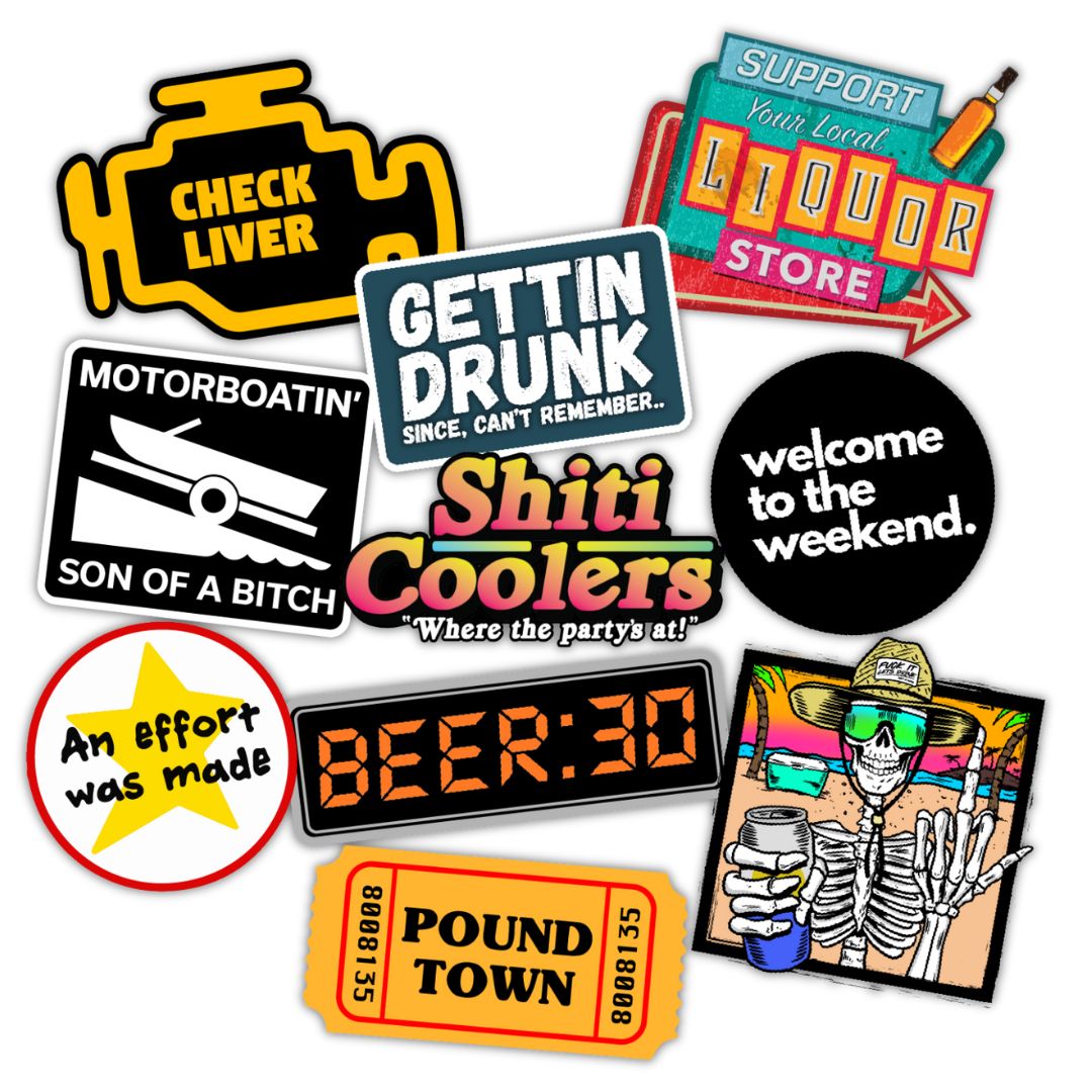 A collection of ten humorous stickers featuring phrases like &quot;Gettin&#39; it Done,&quot; &quot;Beer:30,&quot; and &quot;Welcome to the Weekend.