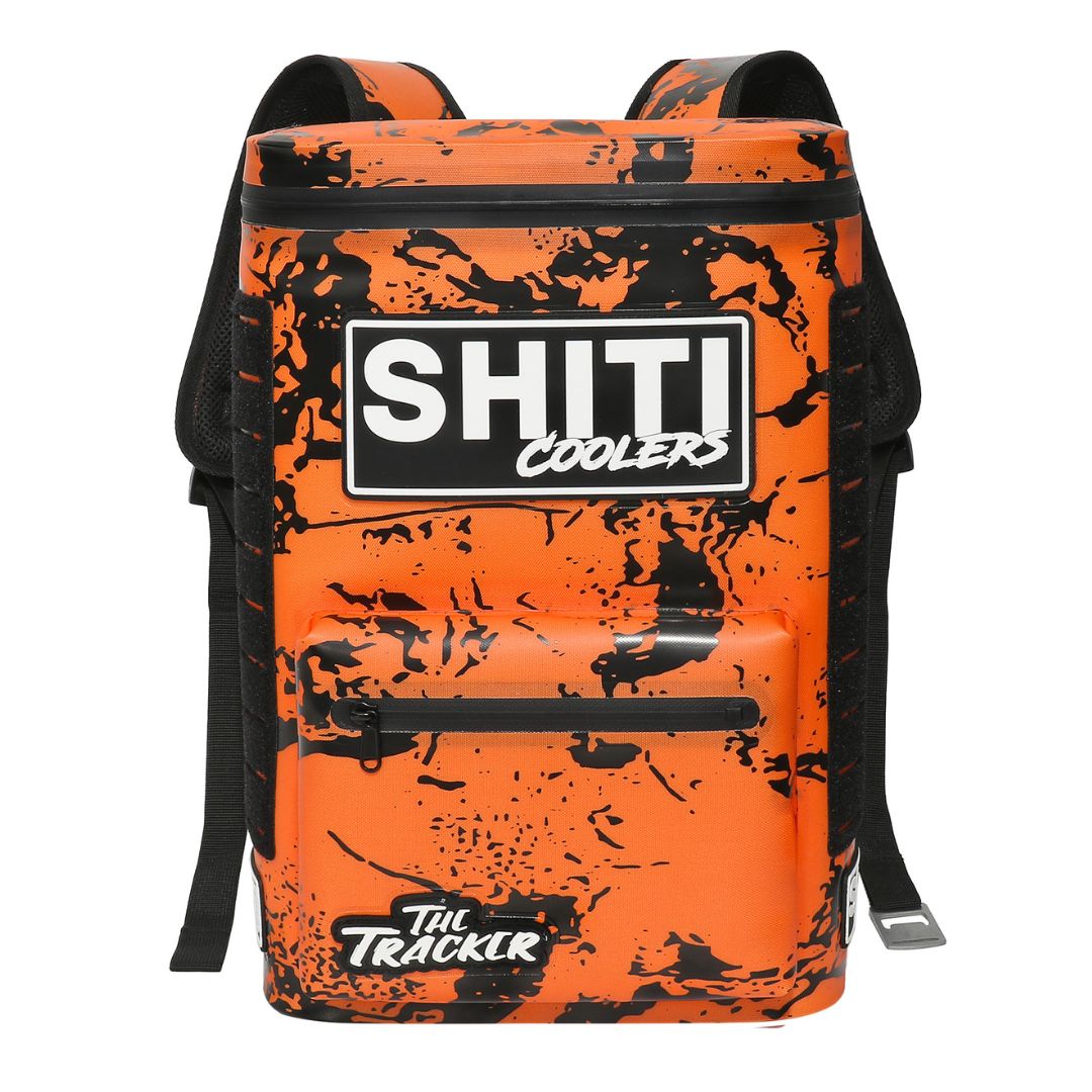 Orange Tracker Backpack Cooler from SHITI Coolers, designed to hold 15 cans with a durable, stylish exterior.