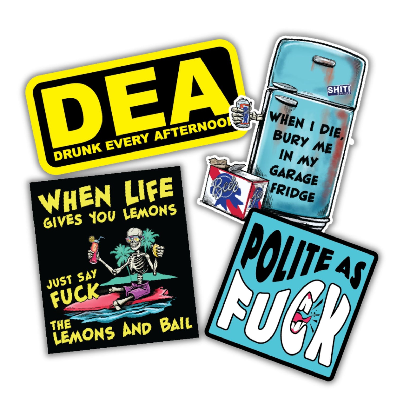 Colorful sticker pack featuring humorous phrases like "Drunk Every Afternoon," "Polite as F*ck," and "When Life Gives You Lemons.