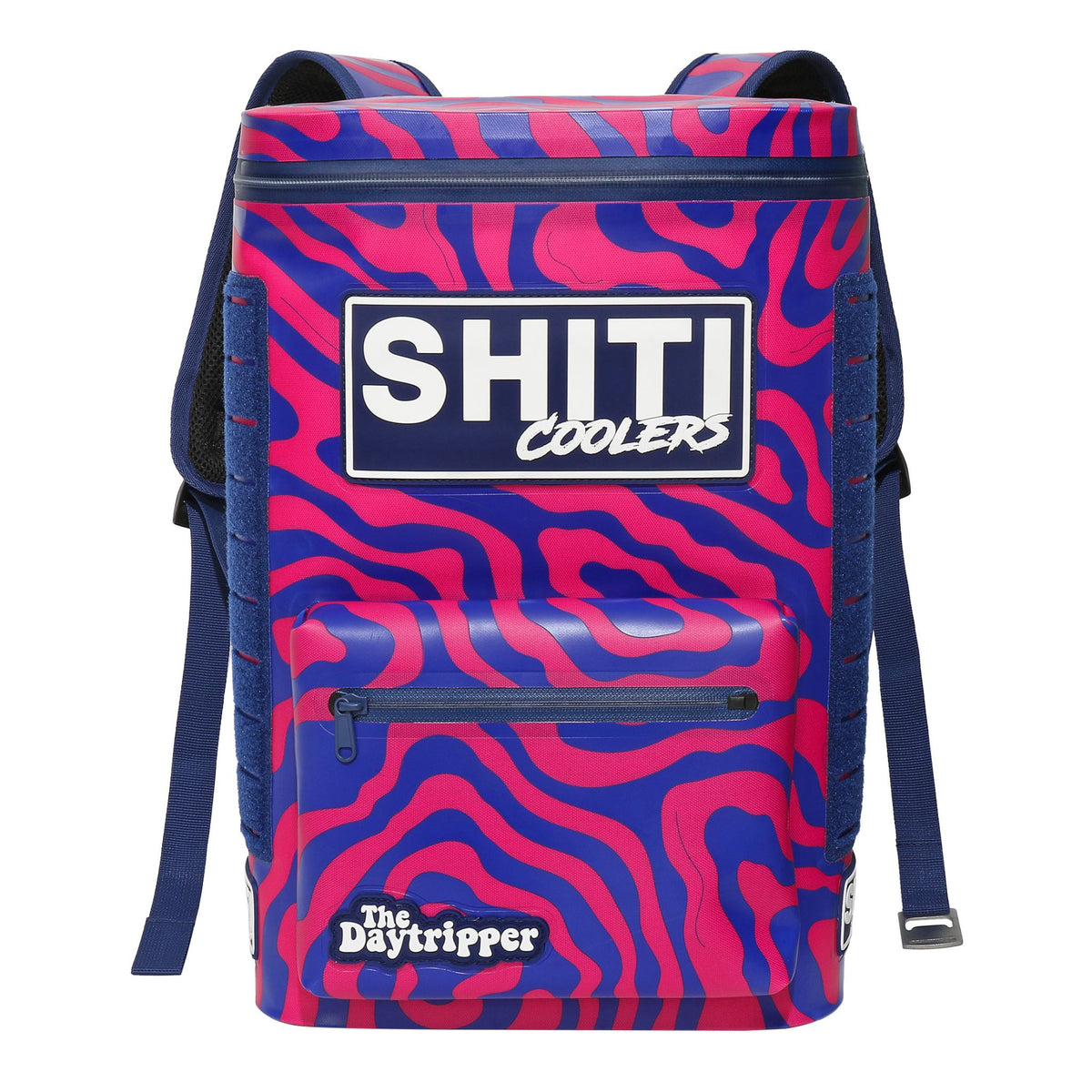 Vibrant pink and blue patterned backpack cooler with adjustable straps, featuring the SHITI Coolers logo and front pocket.