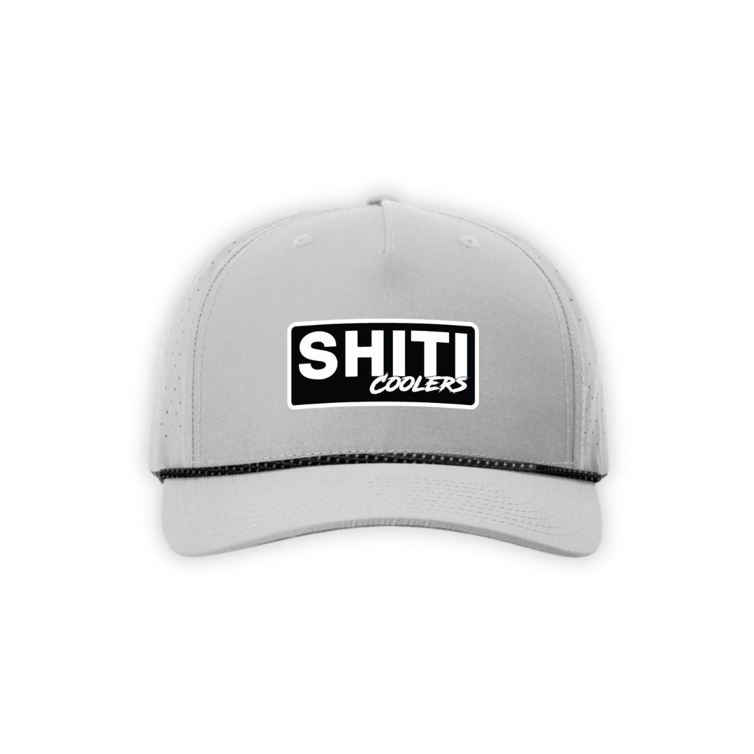 Light grey snapback cap featuring a bold black and white SHITI Coolers logo on the front.