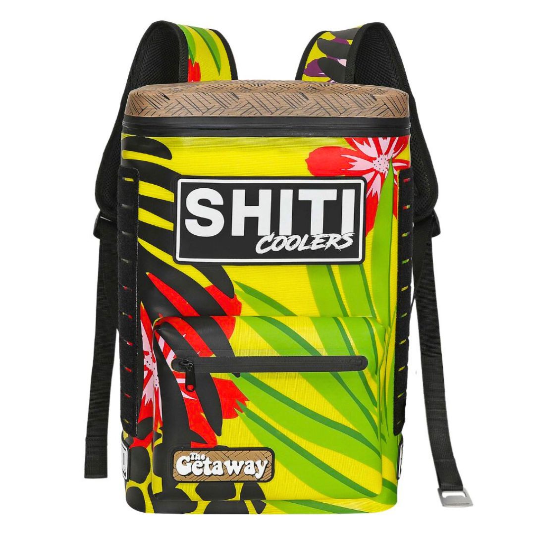Colorful Getaway Backpack Cooler designed to hold 15 cans, featuring a tropical print and adjustable straps for easy carrying.