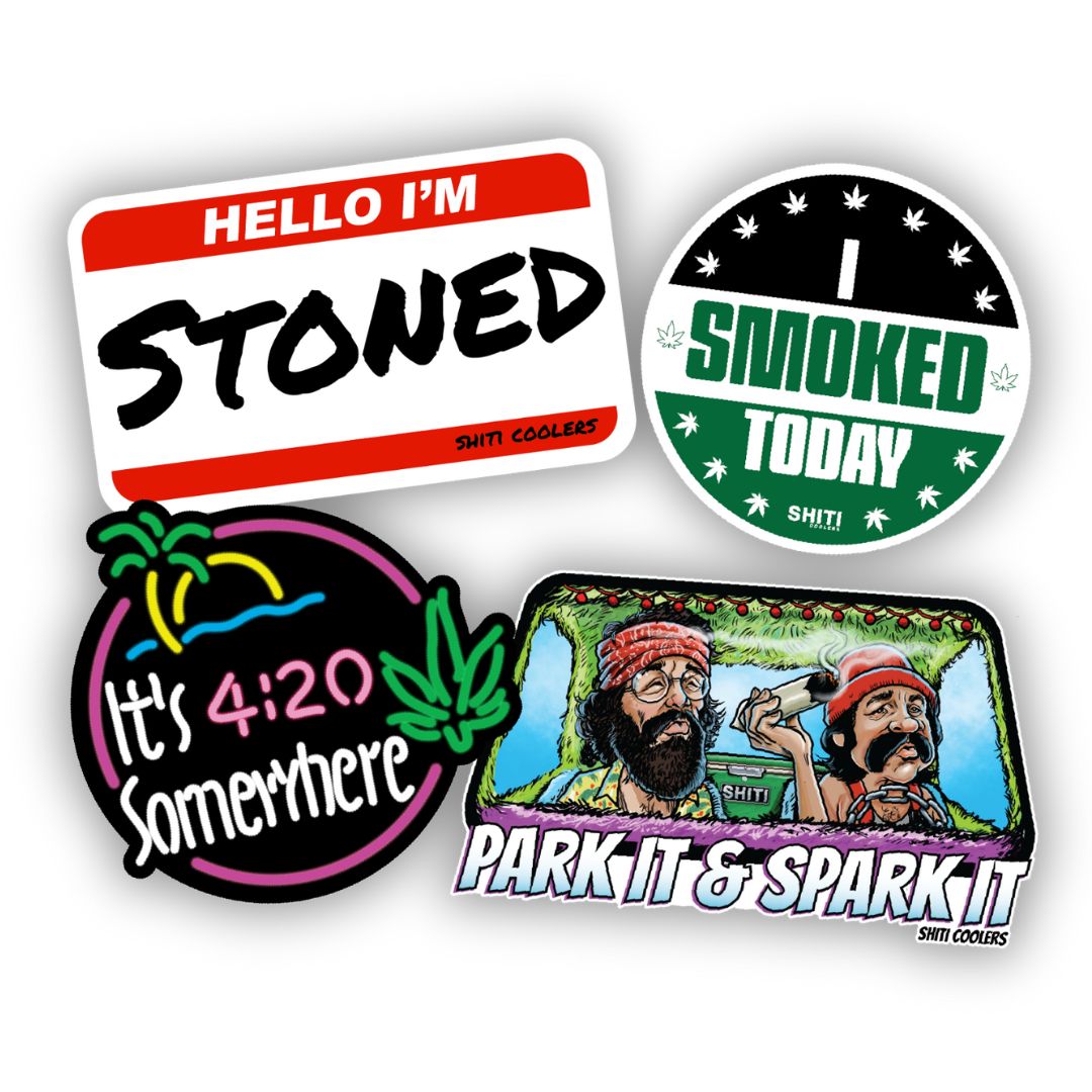 Four colorful stickers from SHITI Coolers featuring playful cannabis-themed designs and phrases like "Hello I'm Stoned" and "It's 4:20 Somewhere.