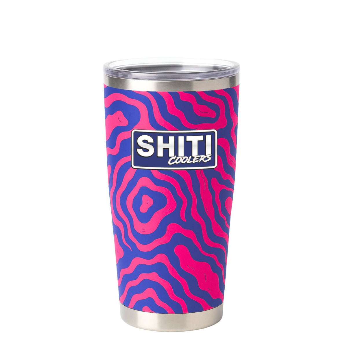 Vibrant Daytripper Stumbler Cup featuring a pink and blue abstract design with the SHITI Coolers logo.