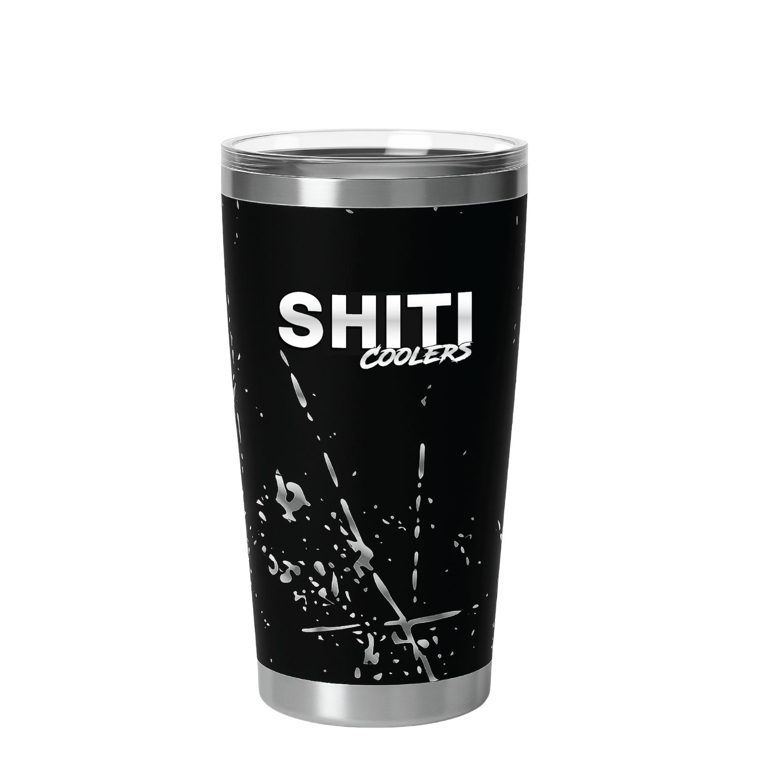 Black stainless steel Stumbler Cup with a splatter design and SHITI Coolers logo, perfect for parties and outdoor events.