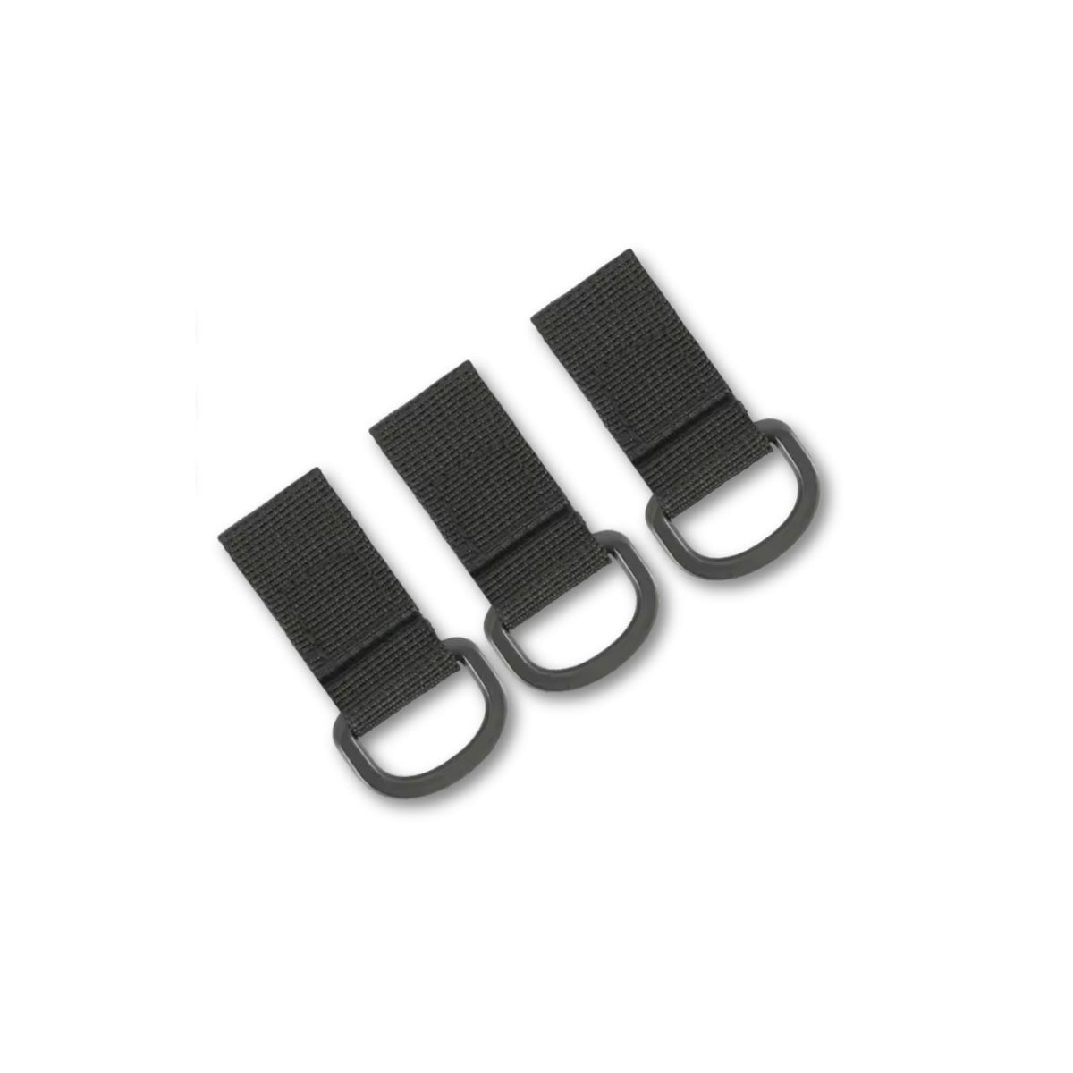 Three black Molle rings made of durable webbing, designed for secure attachment to tactical gear and accessories.