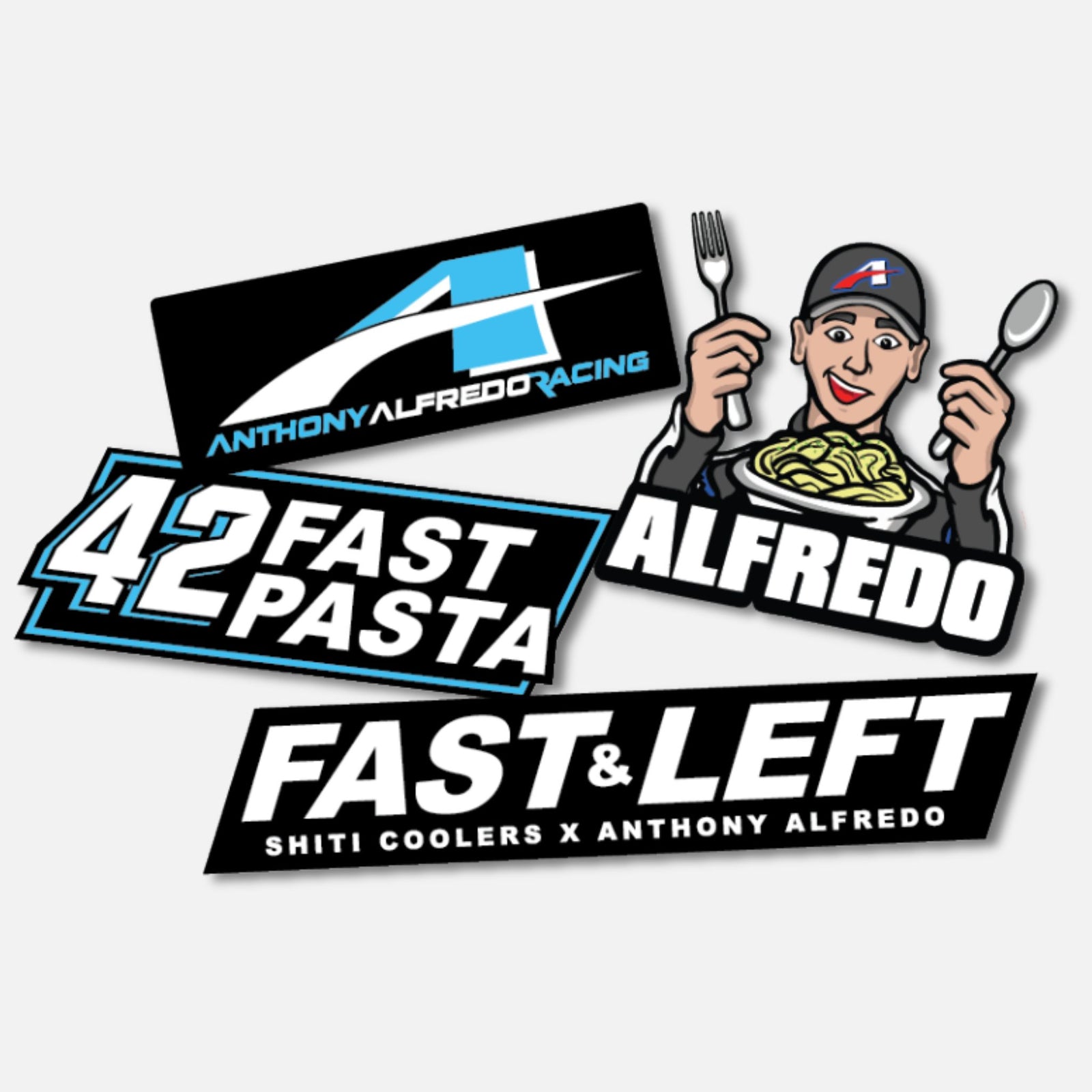 Four colorful stickers from the Anthony Alfredo x SHITI Patch Pack featuring racing themes and pasta imagery.