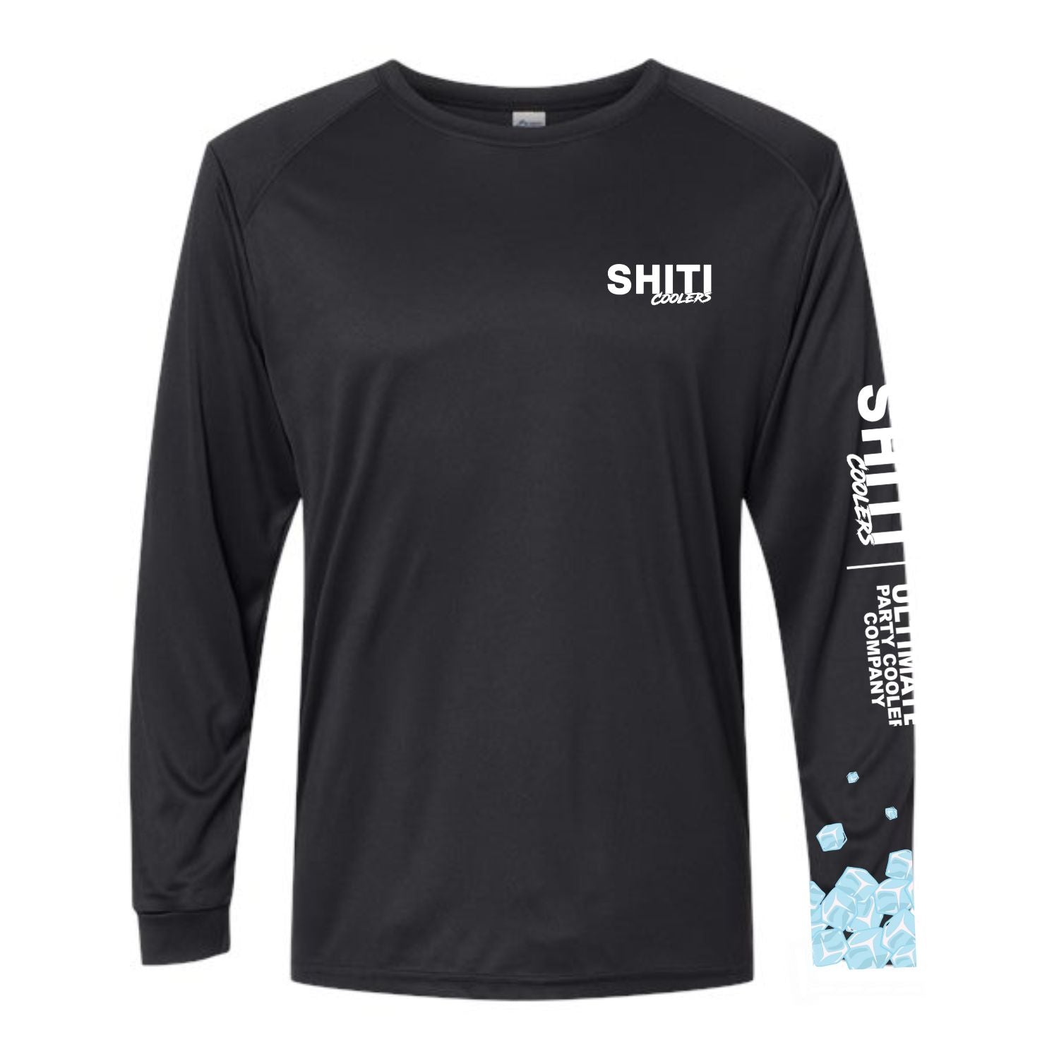 Black long-sleeve sun shirt featuring SHITI Coolers logo, designed for outdoor parties and sun protection.