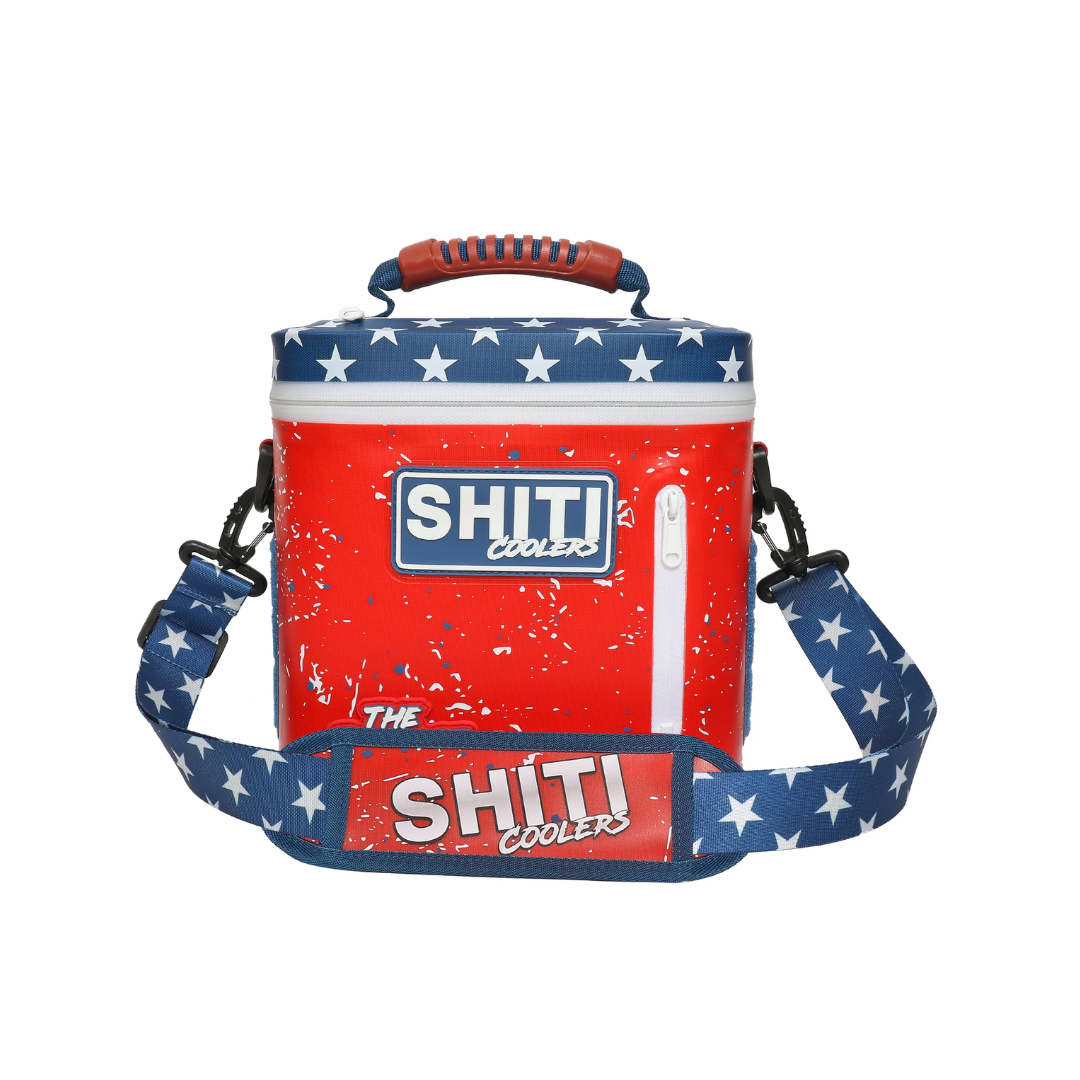 Red Patriot Soft Cooler designed to hold six cans, featuring a star-patterned strap and bold SHITI Coolers branding.